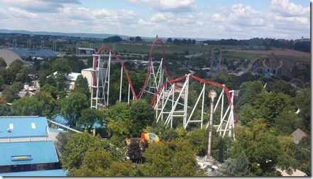 Several coasters visible, and the Milton Hershey School in the distance